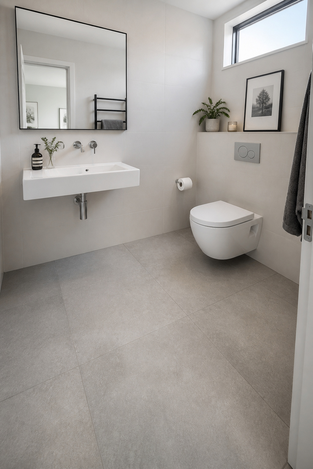 A wall-mounted sink and wall-hung toilet leave the entire tile floor visible from wall to wall — the single most dramatic space-expanding move in a small bathroom.