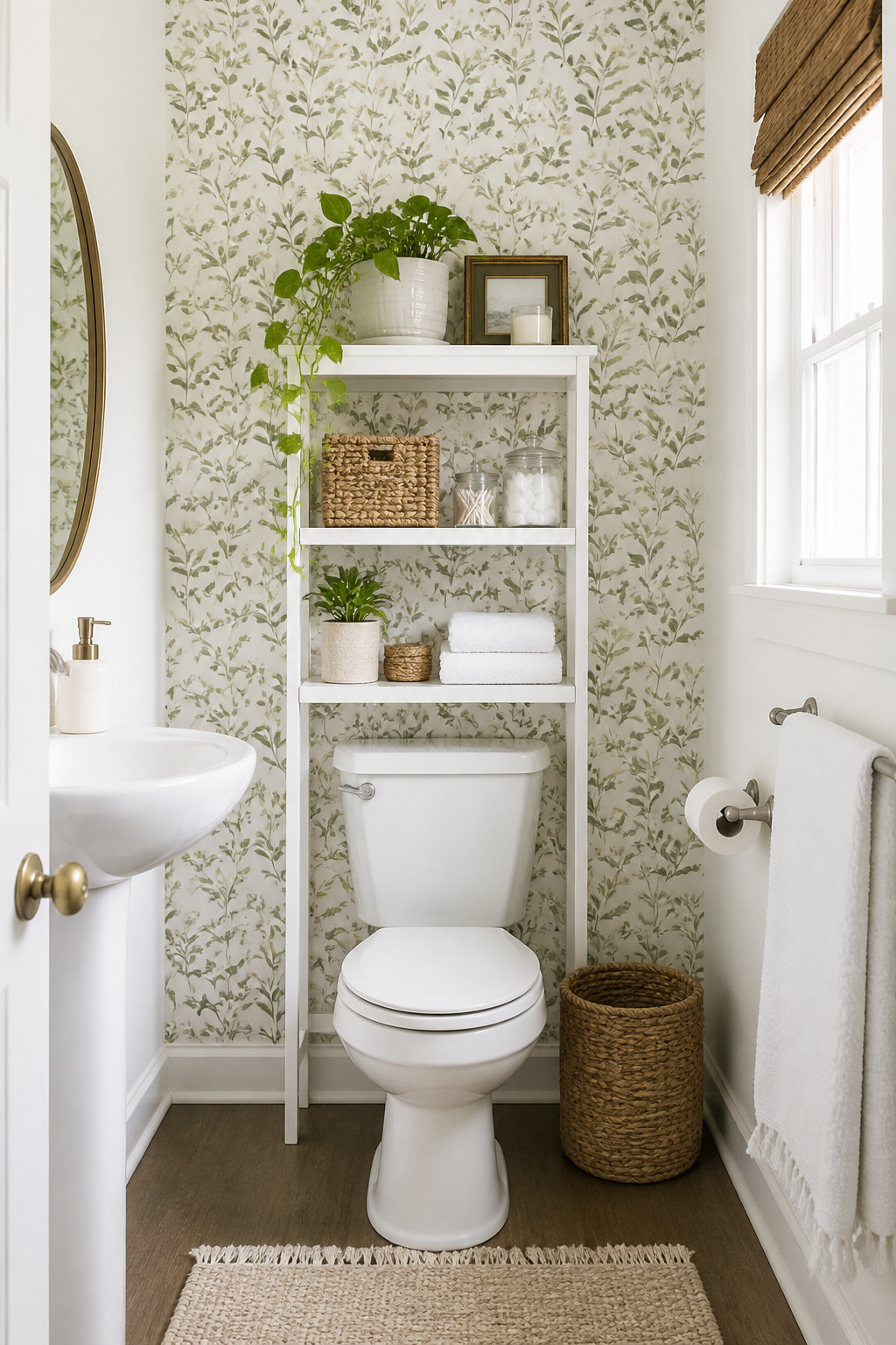 A single botanical accent wall behind the toilet transforms this small bathroom's personality without overwhelming the space — the remaining white walls let it breathe.