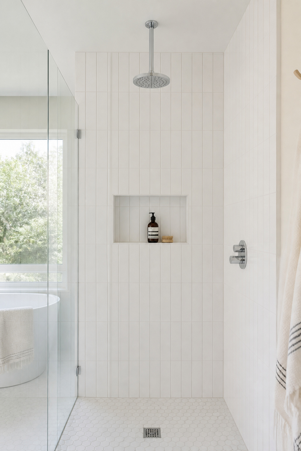 White plank tiles installed vertically with matching grout pull the eye from floor to ceiling, making this small shower alcove feel taller than its actual dimensions.