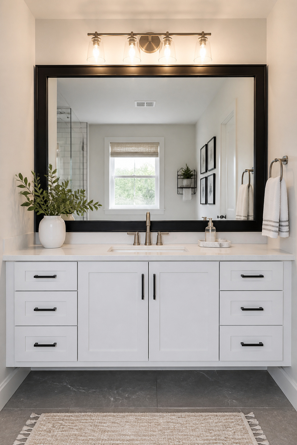 A DIY-framed mirror spanning the full vanity width reflects the opposite wall and window, visually doubling the bathroom's depth for under $40 in materials.