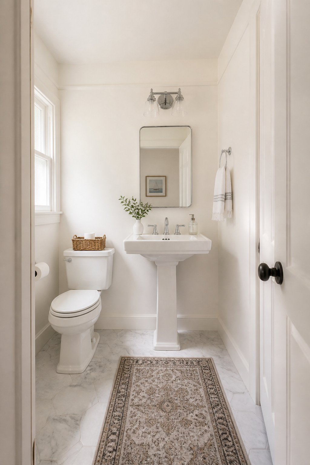 A small bathroom painted in a warm white with a high LRV reads as open and airy — proof that the right paint color is the simplest small bathroom upgrade you can make.