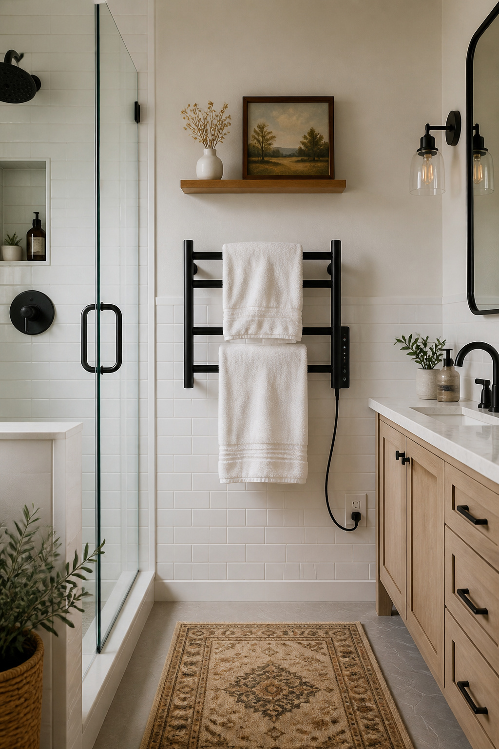 A matte black heated towel rail keeps bath towels warm and dry between uses while adding purposeful wall hardware that matches the rest of the bathroom's fixtures.