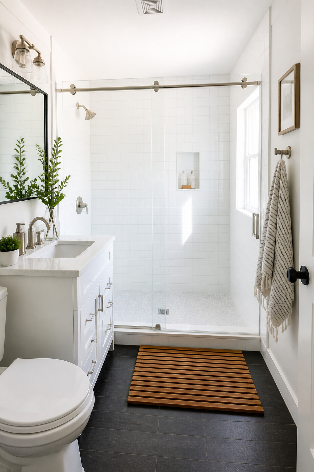 A semi-frameless sliding glass shower panel lets the eye travel through the full depth of the room, making this small bathroom feel connected rather than divided.
