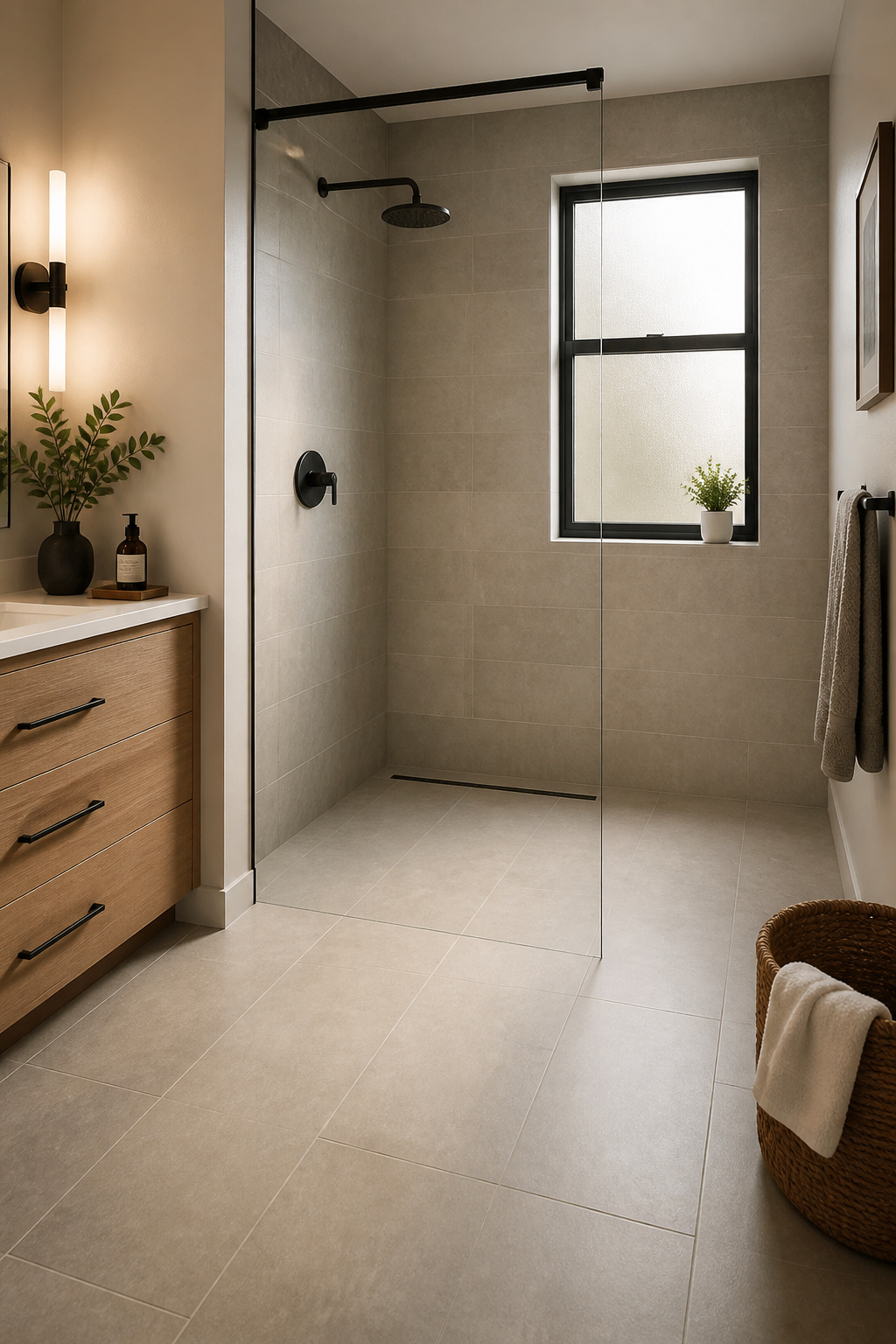 A curbless walk-in shower conversion in the original tub footprint opens the entire floor plan and replaces the most space-consuming fixture in the bathroom.