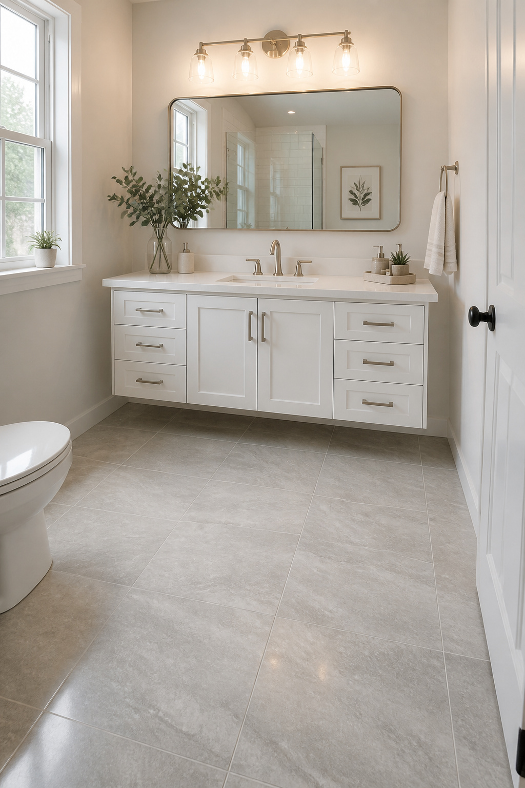 A floating vanity mounted 10 inches off the floor keeps the tile visible from wall to wall, making this compact bathroom feel twice as large as its square footage.