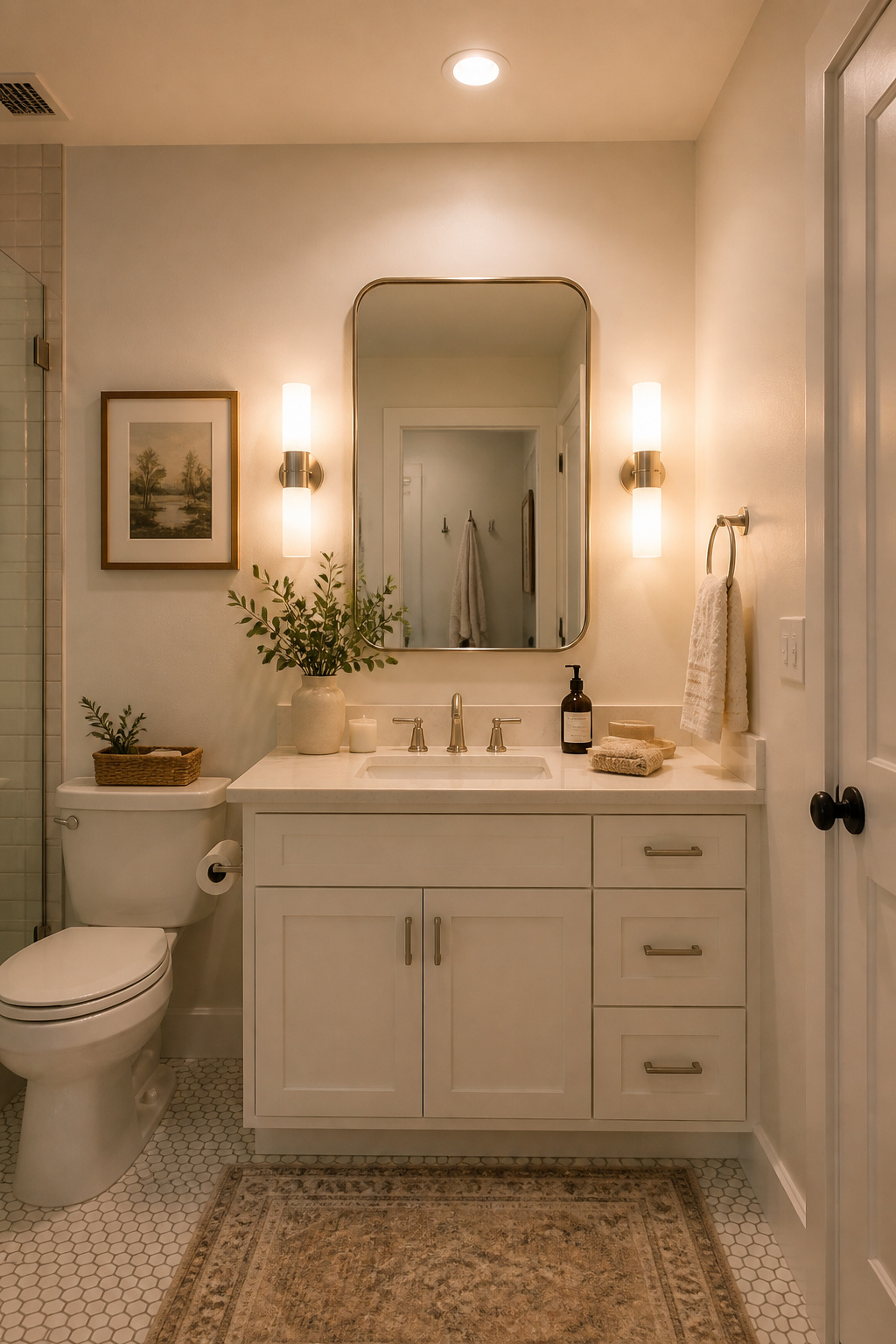 Side-mounted vanity sconces at eye level paired with a recessed ceiling light create perfectly layered illumination in a small bathroom — no more harsh shadows from a single overhead bulb.