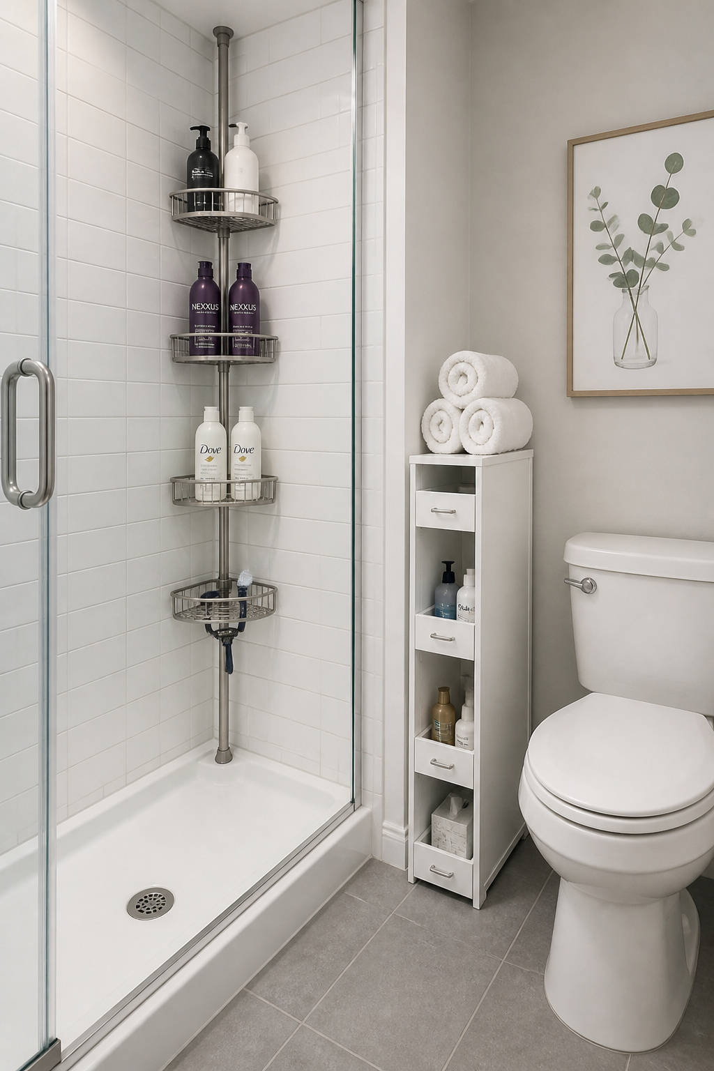 A tension corner shower caddy and a slim 4-inch pull-out cart beside the toilet claim two of the most consistently wasted spaces in a small bathroom.