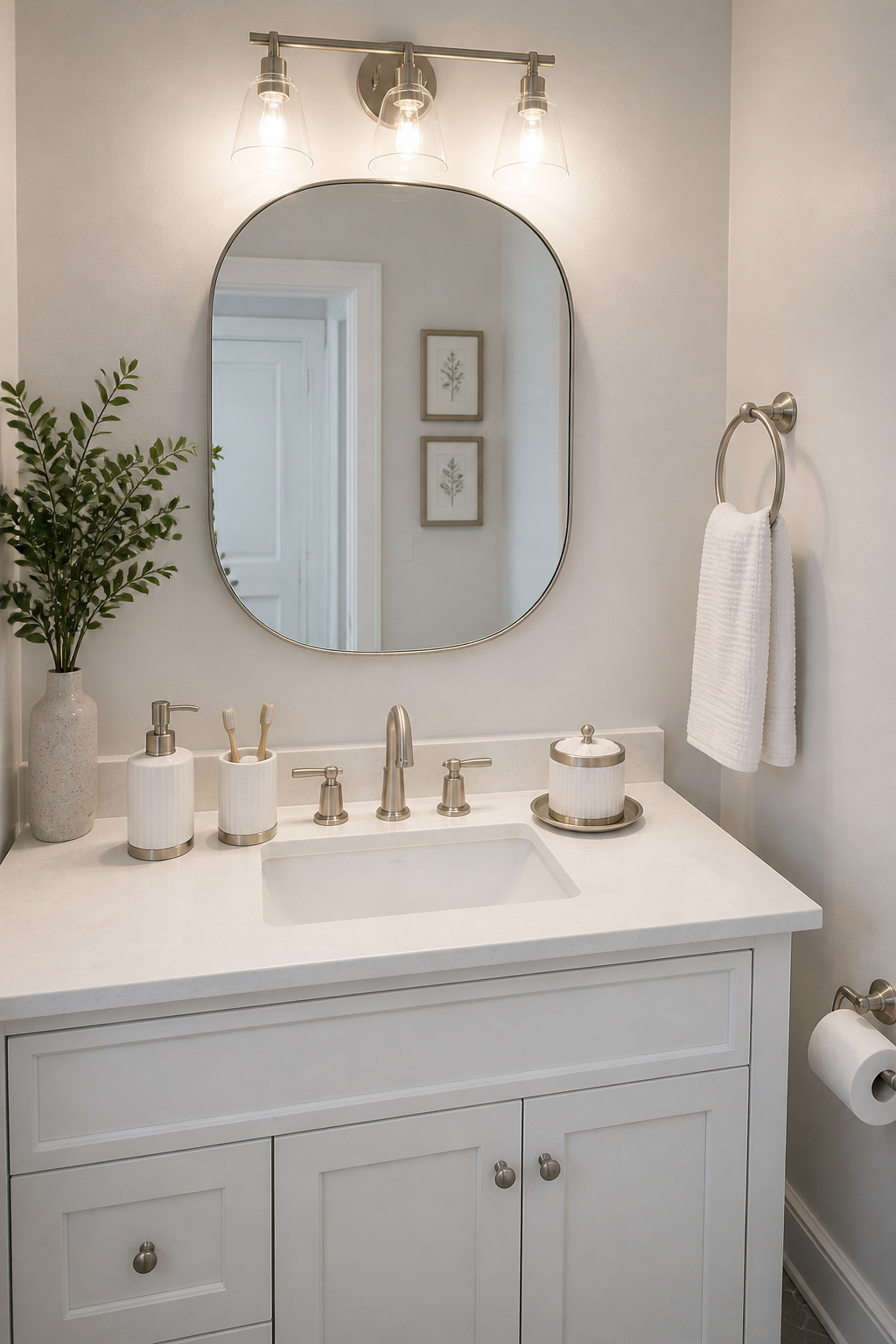 A coordinated brushed nickel accessory set across all bathroom hardware — towel ring, toilet paper holder, soap dispenser, counter tray — unifies the space and removes visual noise.