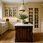 A beautifully appointed traditional kitchen with cream inset raised panel cabinets, honed marble countertops, and unlacquered brass hardware — the gold standard of timeless kitchen design.