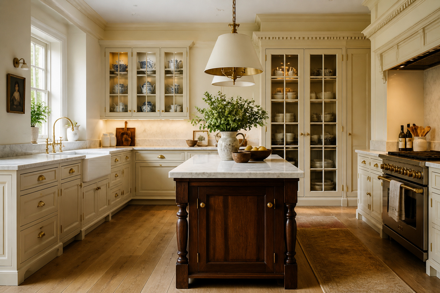 A beautifully appointed traditional kitchen with cream inset raised panel cabinets, honed marble countertops, and unlacquered brass hardware — the gold standard of timeless kitchen design.
