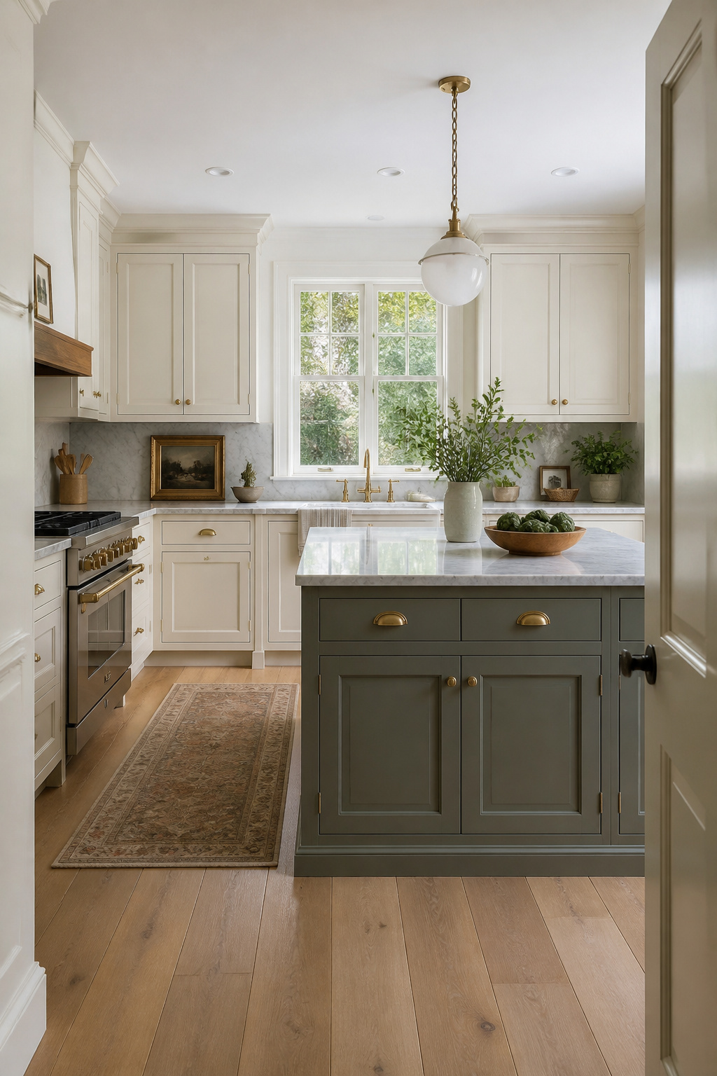 Raised panel perimeter cabinets in antique white alongside Shaker island doors in warm gray-green — a mixed-profile traditional kitchen that reads as collected and evolved rather than designed in one pass.