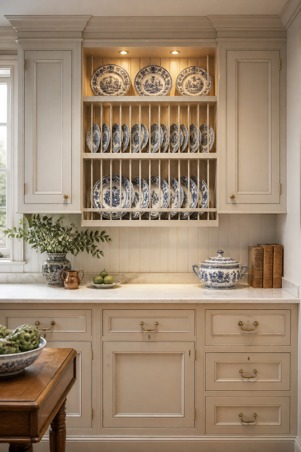 A traditional kitchen plate rack displaying antique blue-and-white transfer ware — a storage form with origins in the 17th-century kitchen dresser that brings genuine heritage character to a fitted kitchen.