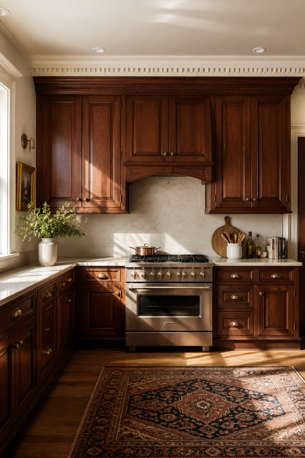 Cherry wood raised panel cabinet doors with an ogee profile and unlacquered brass cup pulls — the most architecturally authentic foundation of a traditionally designed kitchen.
