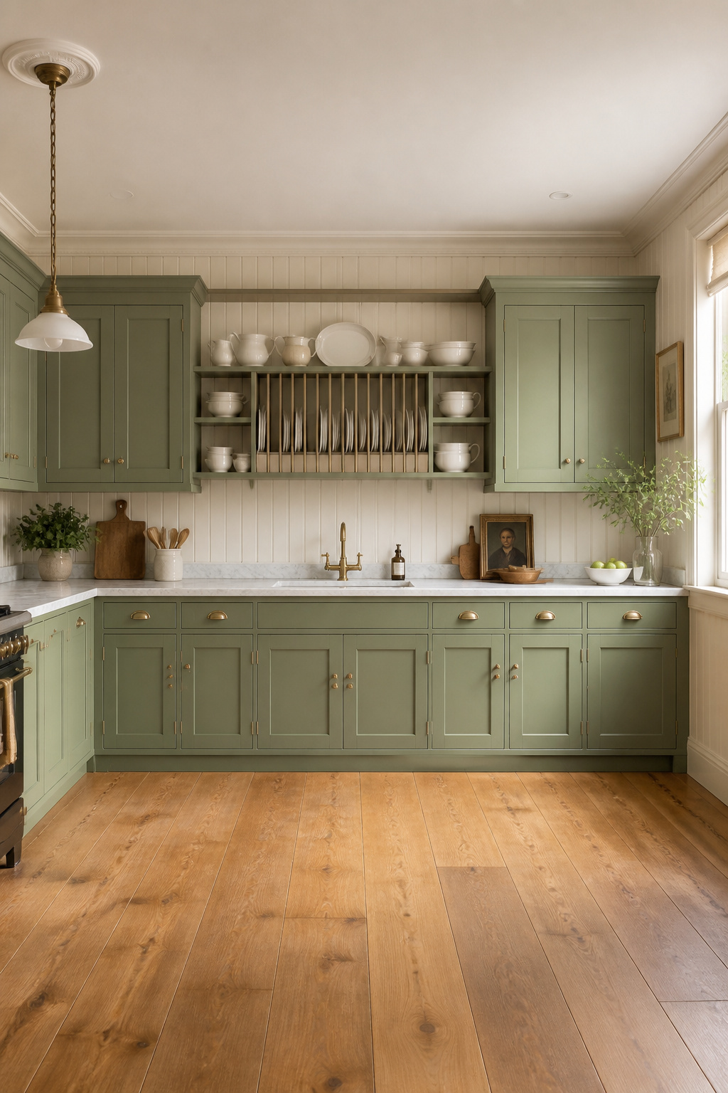 Calke Green painted raised panel cabinets with unlacquered brass, Carrara marble, and oiled oak flooring — English country house kitchen design at its most classically composed.