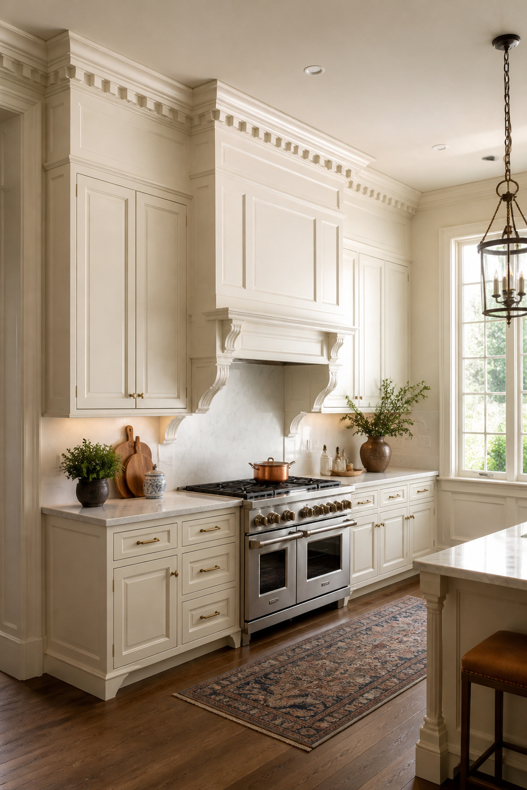 Dentil crown moulding bridges painted cream kitchen cabinets to a 10-foot ceiling — the detail that transforms a cabinet installation into a piece of architectural interior design.