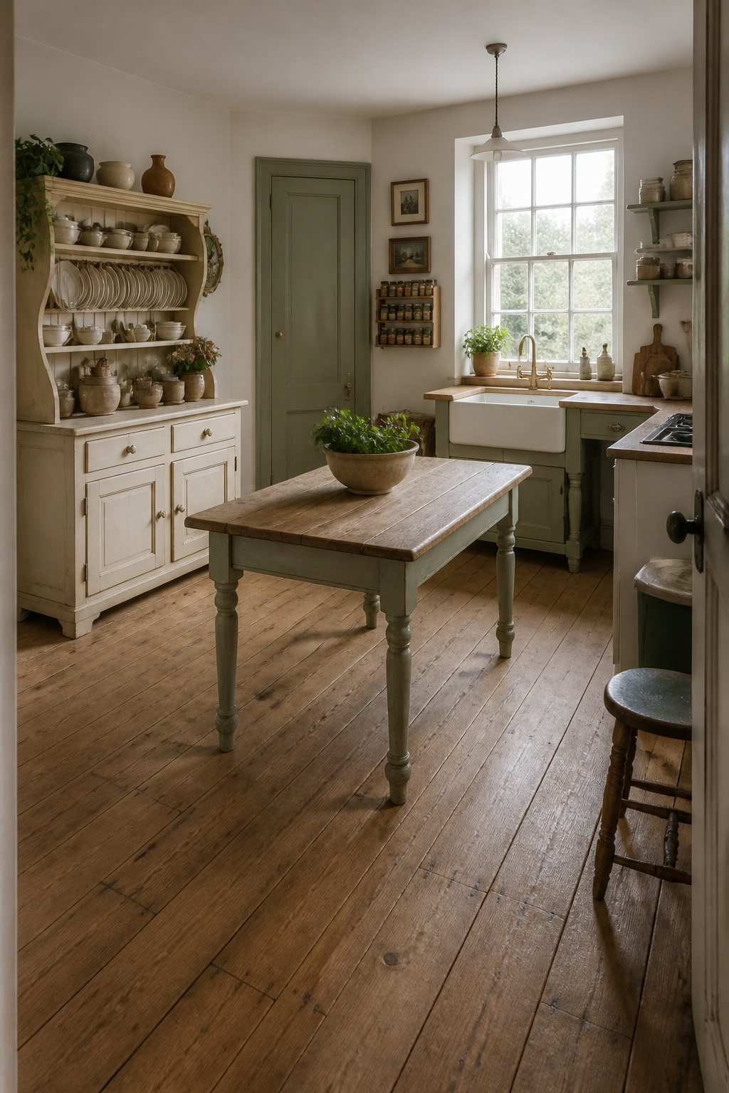 An unfitted traditional kitchen assembled from a pine dresser, Belfast sink stand, and freestanding larder cupboard — the English farmhouse kitchen tradition at its most genuinely authentic.