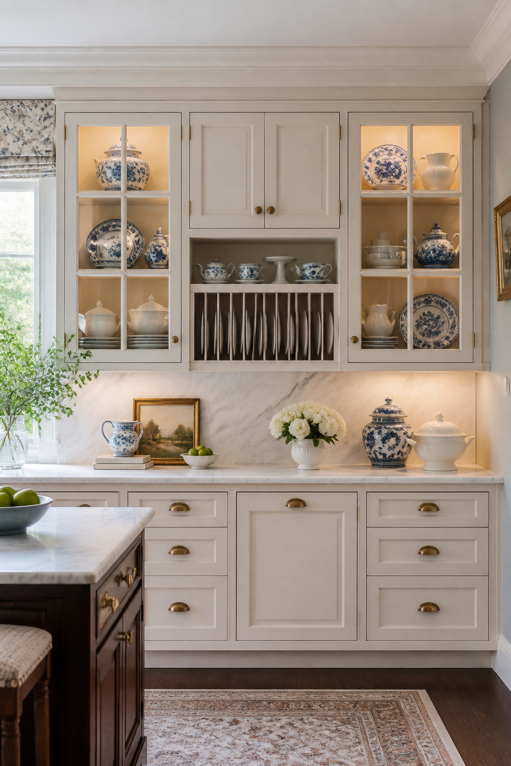 Antique white upper cabinets with seeded glass mullion doors displaying blue-and-white porcelain — the glass-front tradition that references the English kitchen dresser at its most refined.