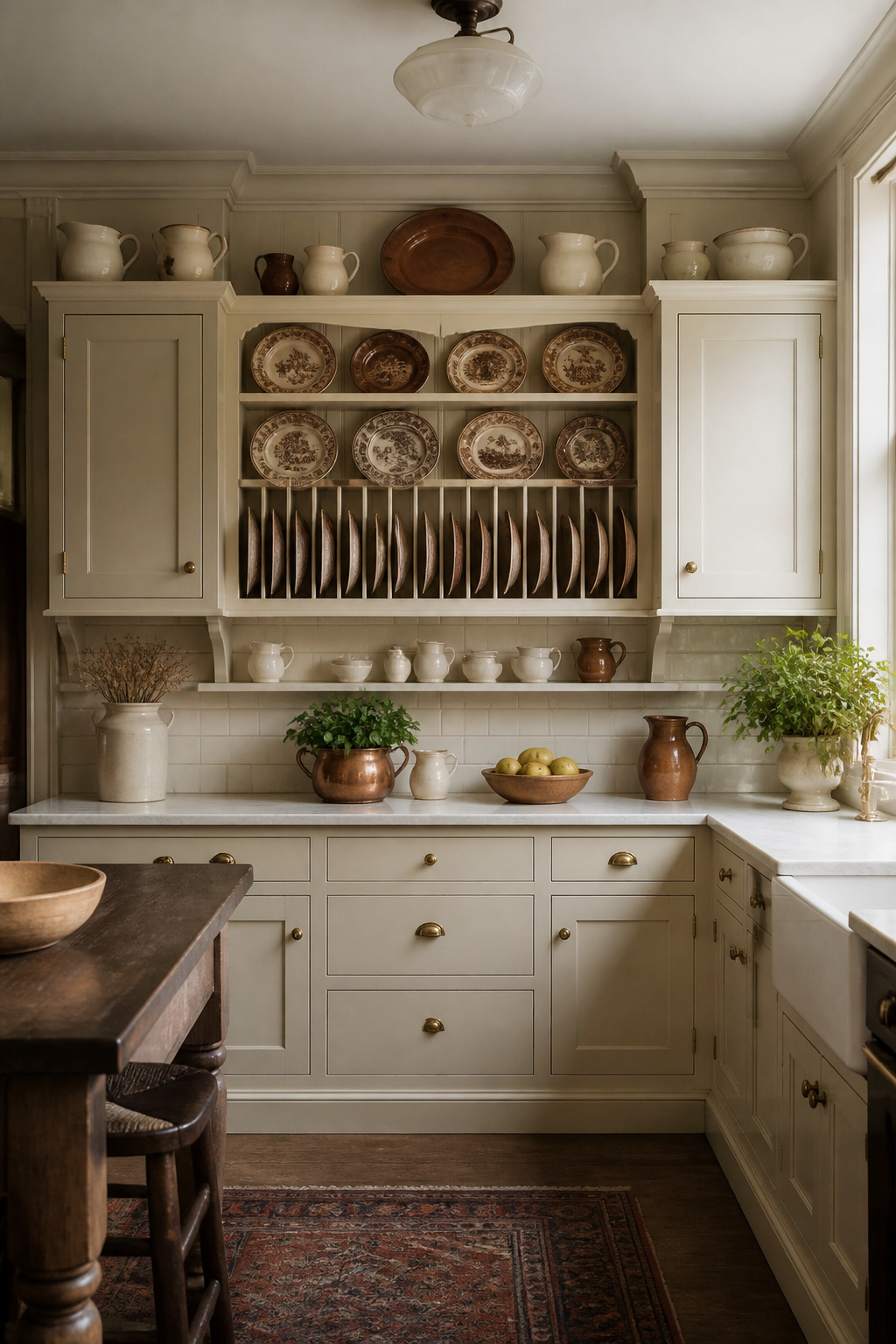 A kitchen plate rail displaying antique copper lustre pottery between cream upper cabinets — the Welsh dresser tradition integrated into a fitted kitchen with the plate rail and display ledge combination.