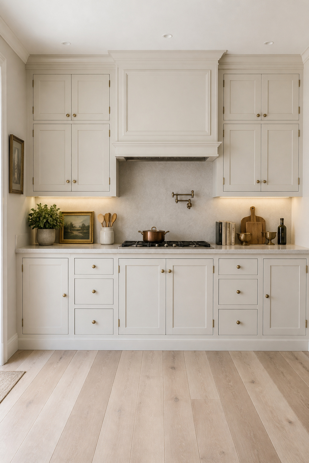 Antique white inset cabinet doors with exposed solid brass butt hinges — the furniture-grade construction method that separates a genuinely traditional kitchen from a stylistic approximation.