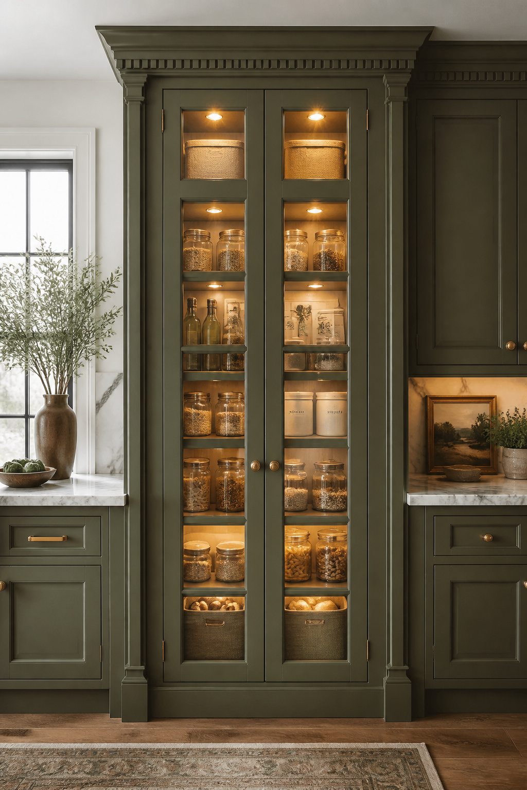 A floor-to-ceiling olive green pantry cabinet with French mullion glass doors and illuminated interior shelving — the larder tradition translated into a contemporary fitted kitchen at its most architecturally ambitious.