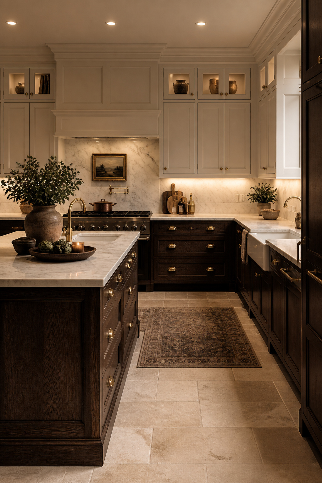Dark walnut-stained quarter-sawn white oak base cabinets with antique white uppers and Calacatta marble — a high-contrast traditional kitchen scheme that references Georgian mahogany with contemporary relevance.