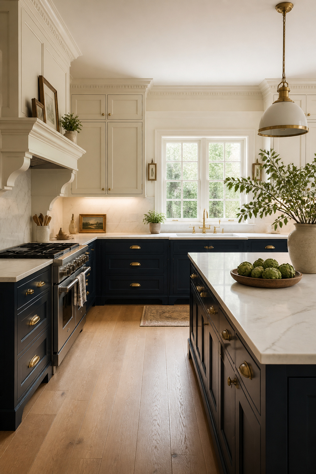 Navy raised panel lower cabinets and antique white upper cabinets with Calacatta marble countertops and brass hardware — a two-tone traditional kitchen scheme with roots in Georgian design.
