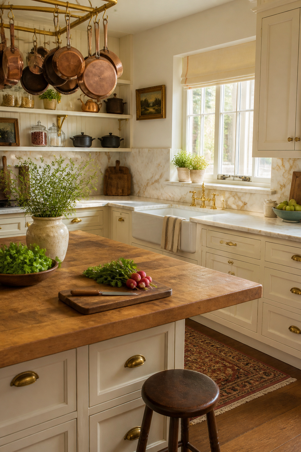 Honed Calacatta marble perimeter countertops and end-grain maple butcher block island — the two historically authentic countertop choices that bring both beauty and genuine material character to a traditional kitchen.