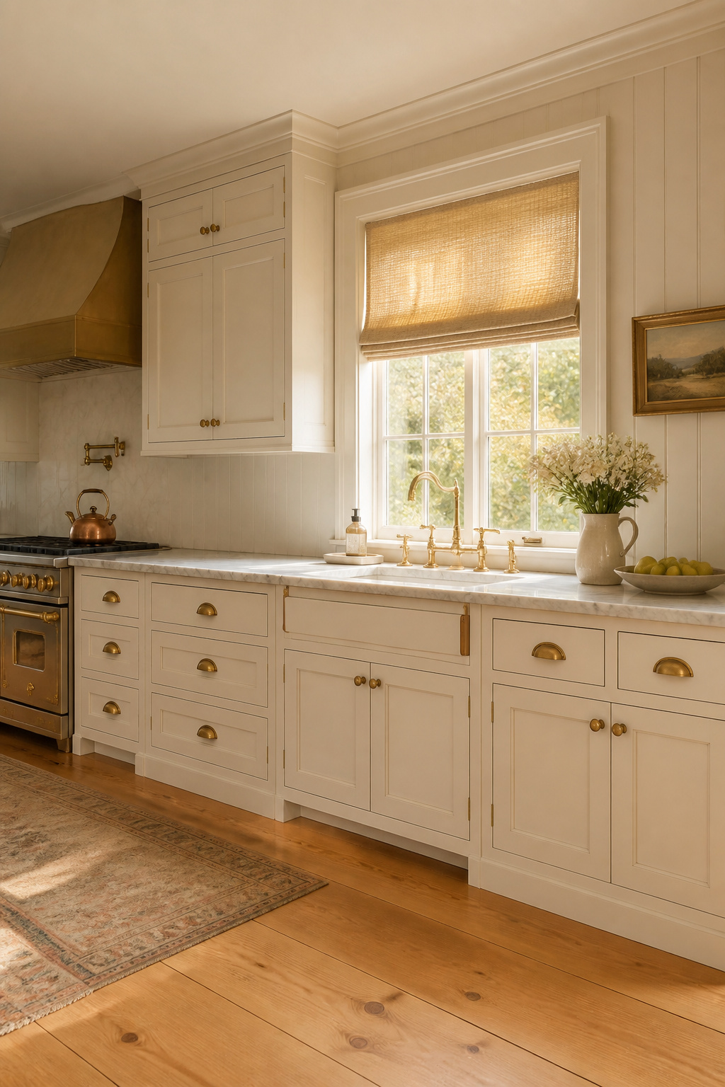 Antique cream-white raised panel cabinets paired with Carrara marble countertops, unlacquered brass, and oiled pine floors — a traditional kitchen palette that deepens in richness with every passing year.