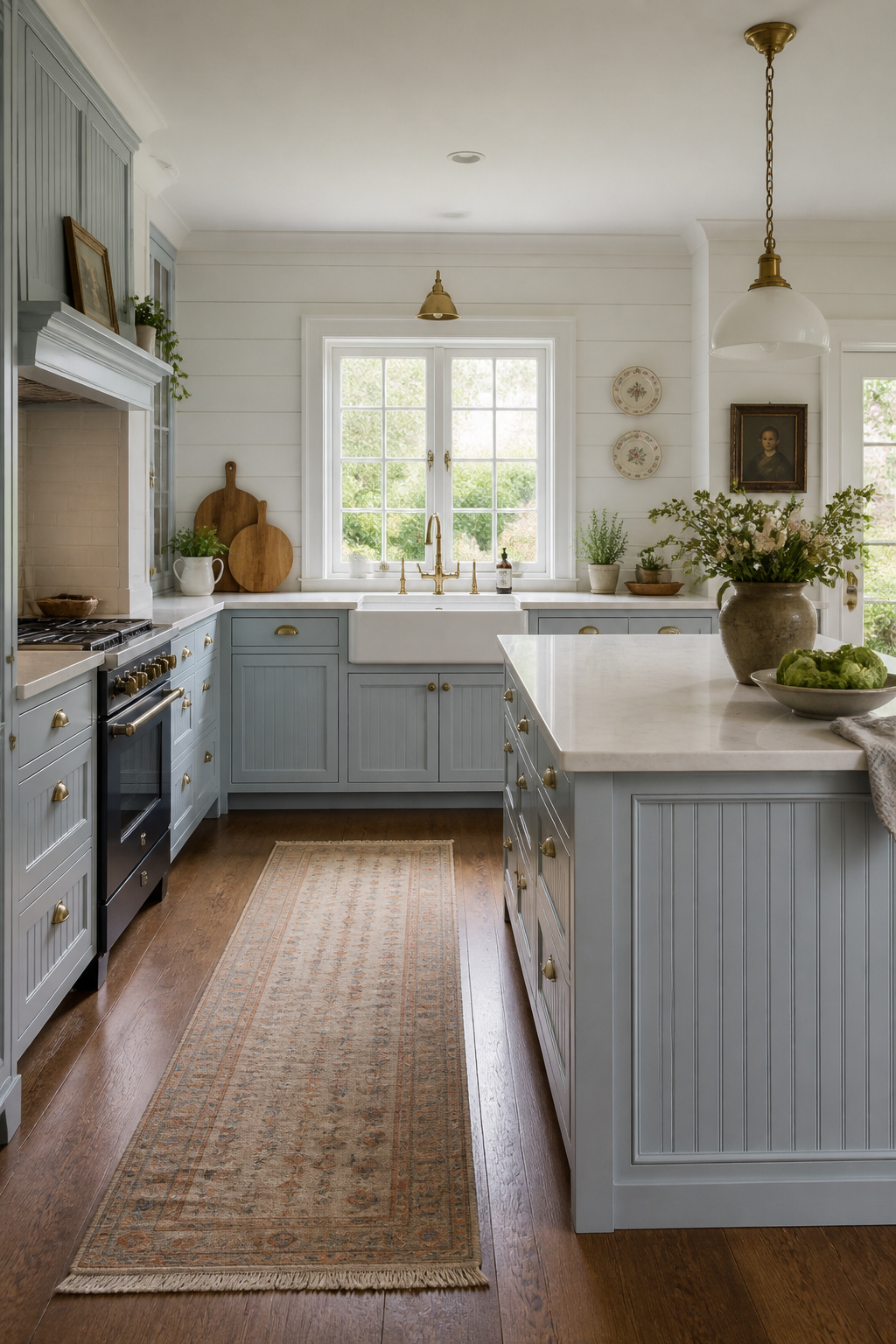 Pale blue-grey kitchen cabinets with beadboard center panels and bin pulls in brushed brass — a detail with Victorian origins that brings period authenticity to a traditional kitchen.