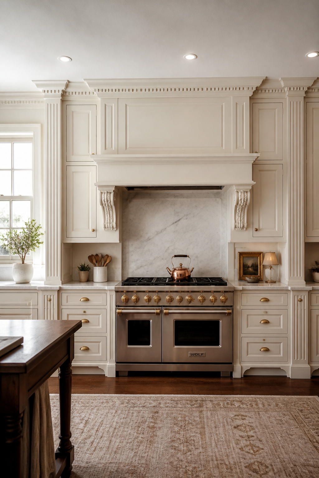 Fluted pilasters and carved corbels on cream inset kitchen cabinets — classical architectural vocabulary that elevates cabinetry from well-made furniture to genuine architectural interior.