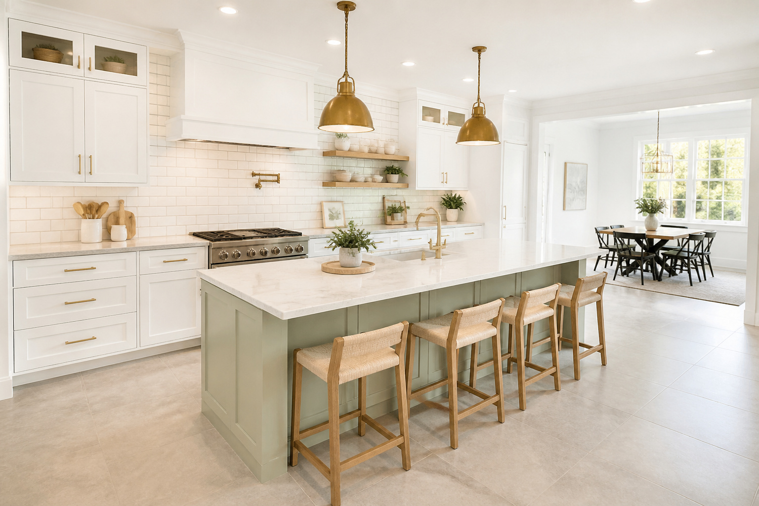 A complete white kitchen remodel with sage green island, Calacatta quartz countertops, subway tile backsplash, and warm wood accents — the full design picture in one composed image.