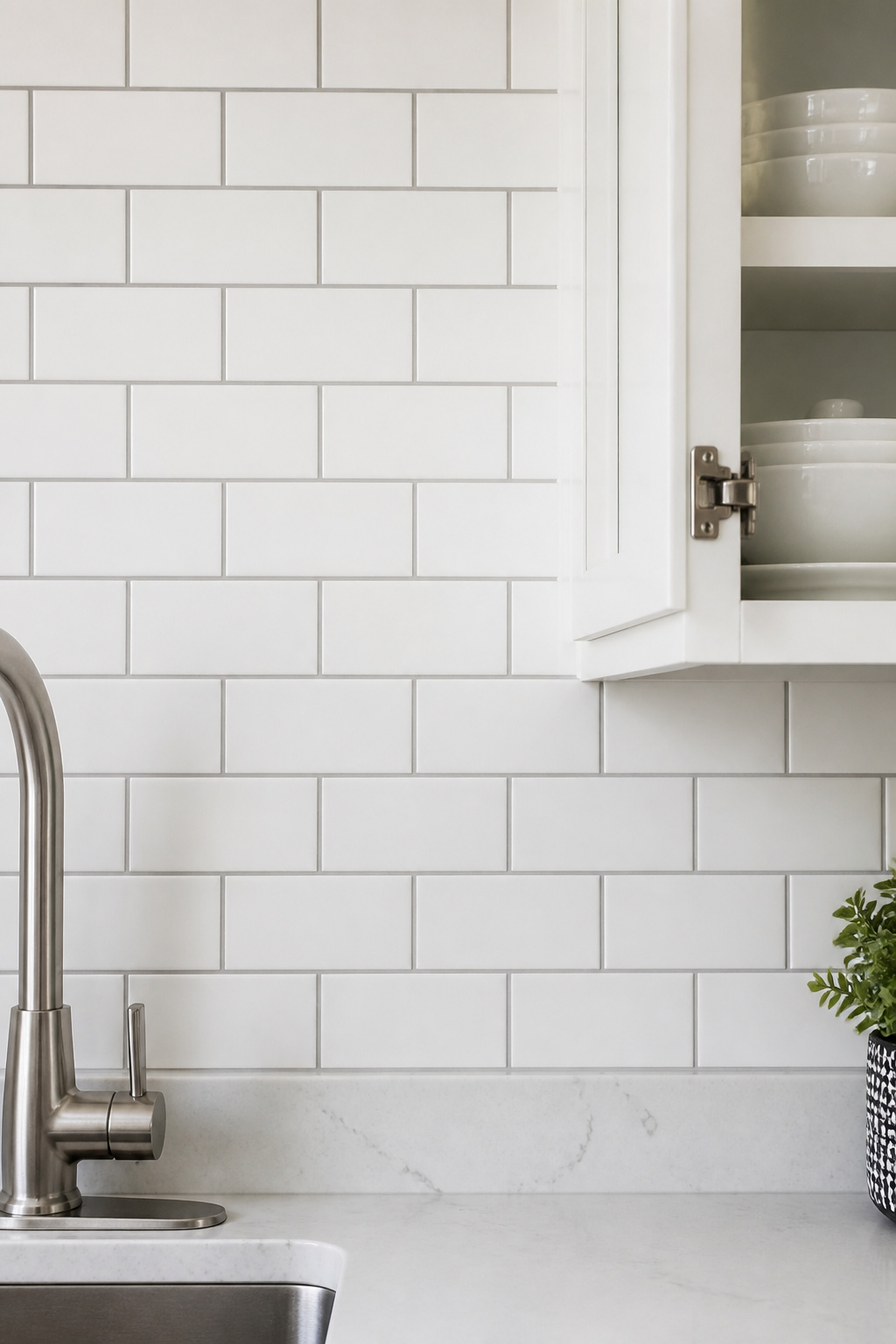 White subway tile with light grey grout in a horizontal offset pattern — the practical choice that defines tile shape without the maintenance burden of white grout.