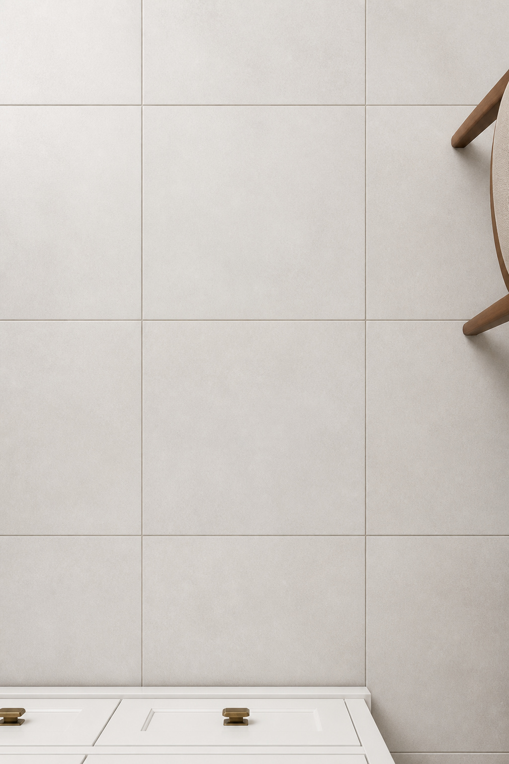 24×24 matte white porcelain floor tiles with warm grey grout — the large-format specification that creates a continuous surface and reduces the primary maintenance burden of kitchen tile.