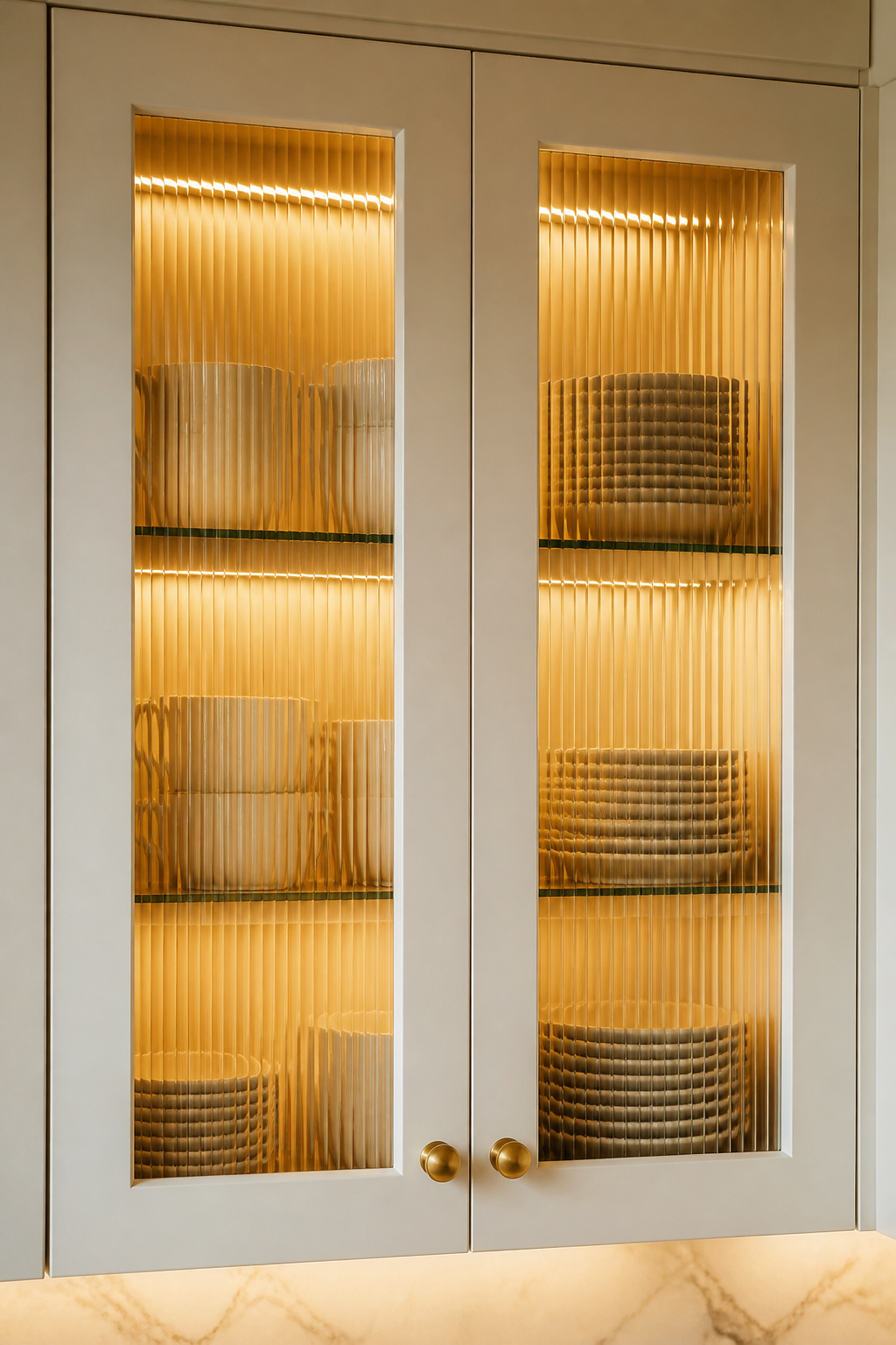 Reeded glass cabinet doors with interior LED lighting — the contemporary glass option that diffuses contents while contributing warm ambient light in the evening.