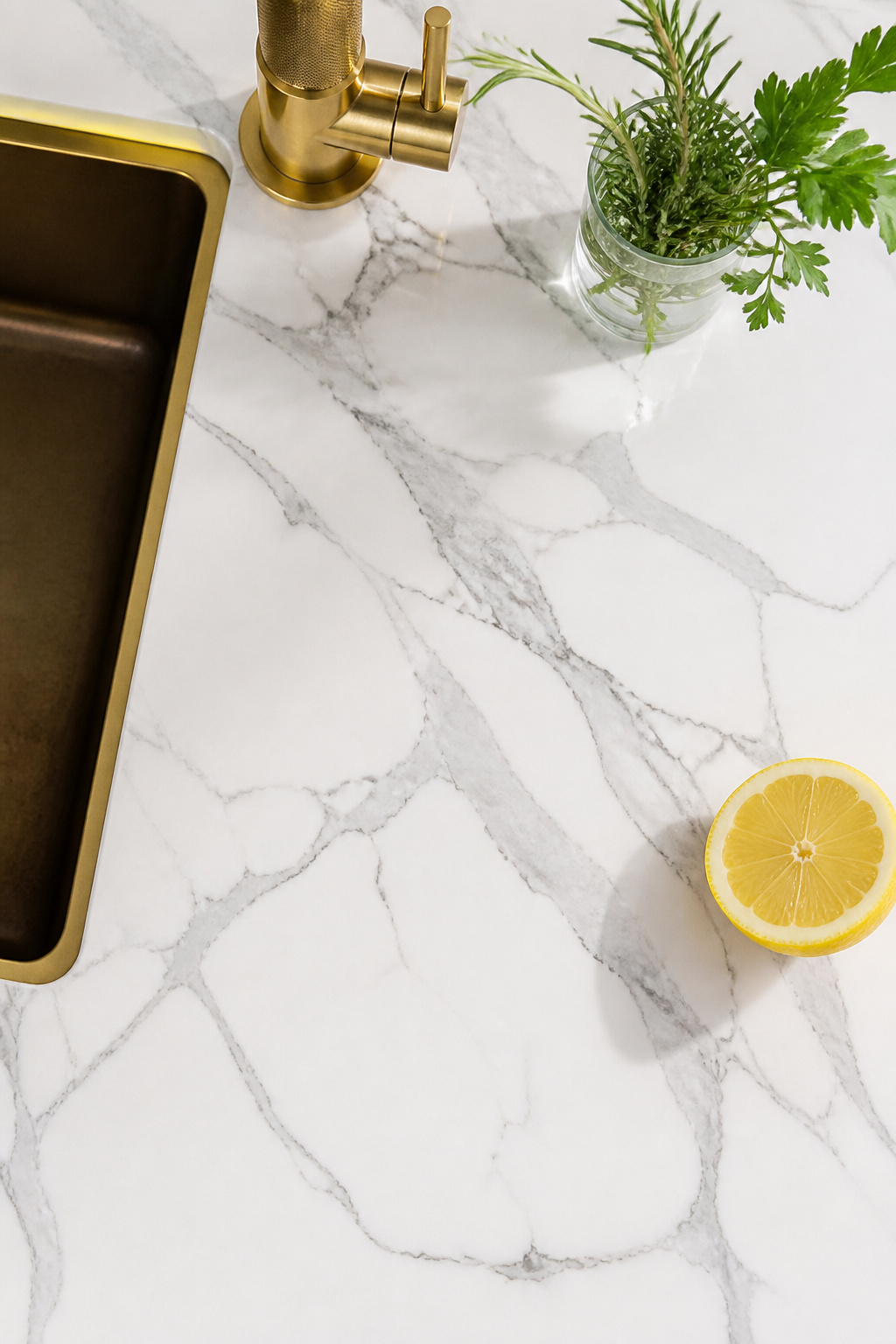 Calacatta quartz with bold grey veining photographed from above, showing the non-porous surface quality and brass undermount sink detail.