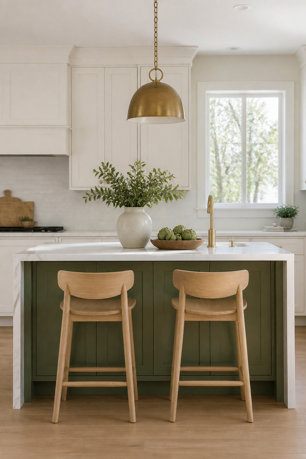 A deep sage green island with waterfall quartz countertop and white oak stools anchors a white kitchen renovation — the two-tone approach that creates focal points without full colour commitment.