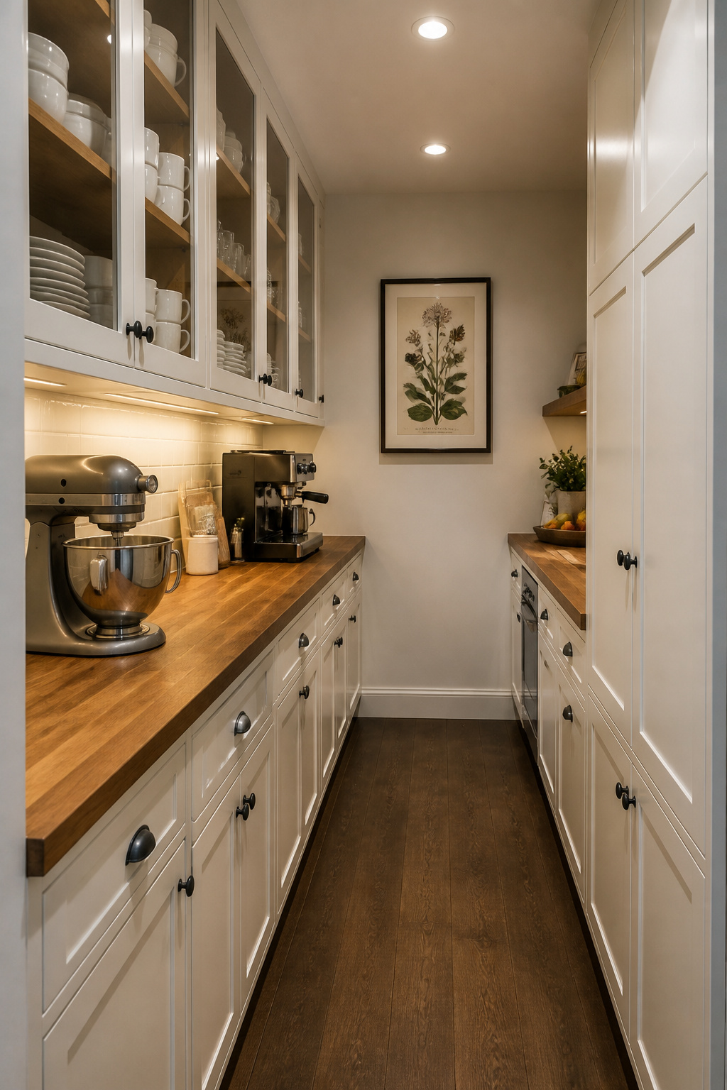 A butler's pantry corridor with white Shaker cabinetry and butcher block counter — the staging zone that keeps small appliances off the main kitchen countertops.