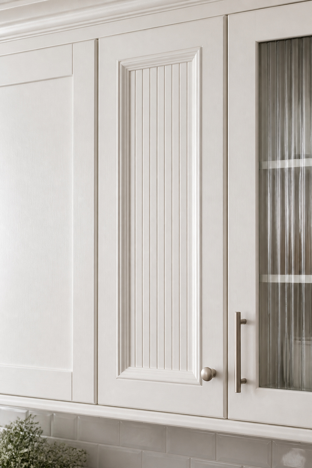 Three white cabinet door profiles in the same paint tone — demonstrating texture variation as the design strategy in a white-on-white kitchen remodel.