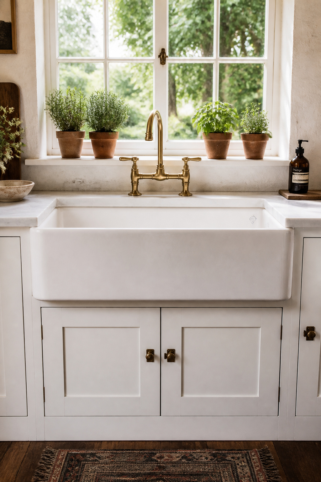 A white fireclay apron-front sink with an unlacquered brass bridge faucet — the fixture combination that anchors a farmhouse-inspired white kitchen remodel most convincingly.
