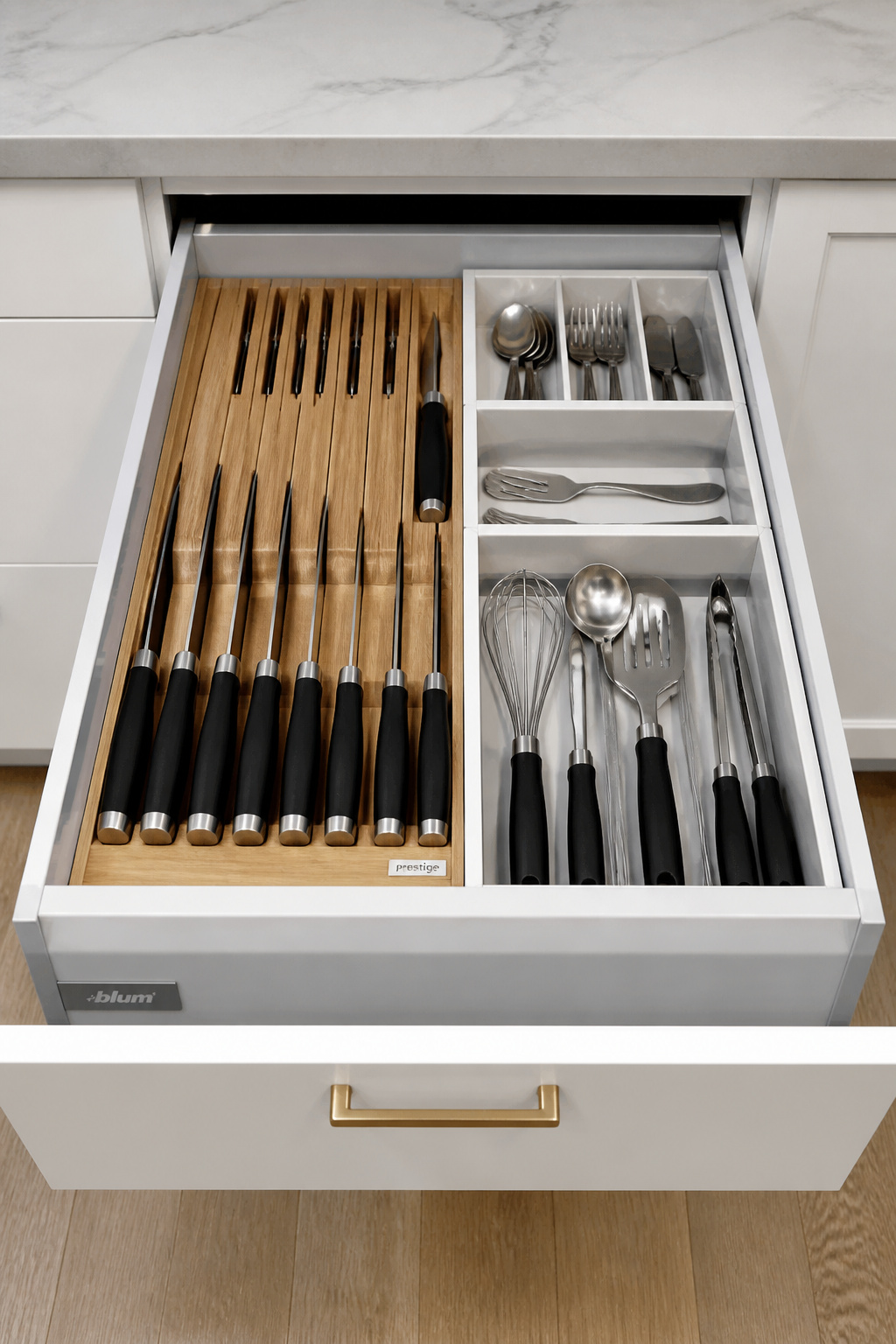 A full-extension Blum Tandembox drawer with organised inserts — the interior fitting specification that determines daily kitchen experience more than any visible element.