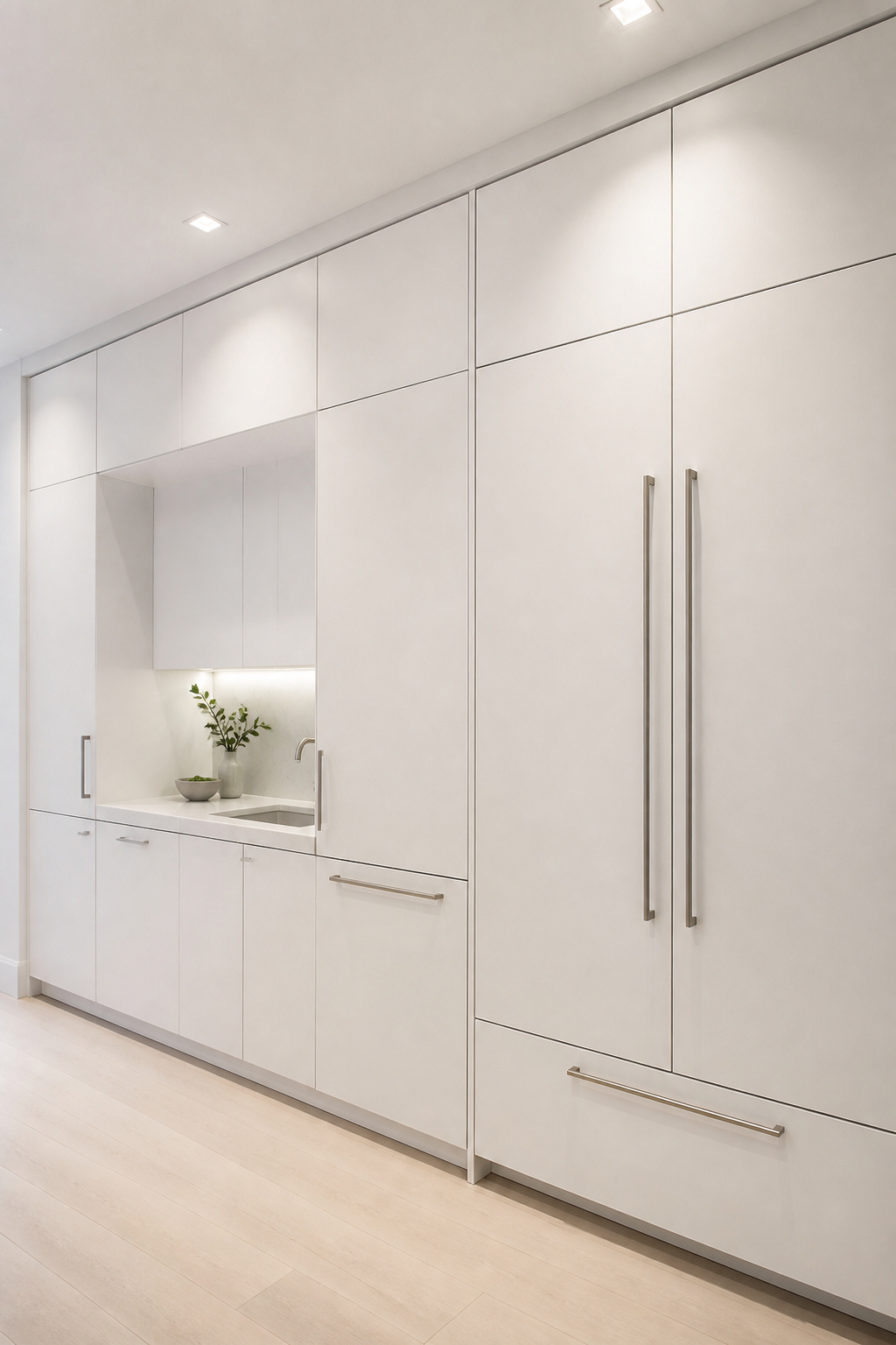 A seamless white cabinet facade with panel-integrated dishwasher and refrigerator — the visual result of panel-ready appliance specification at the design stage.