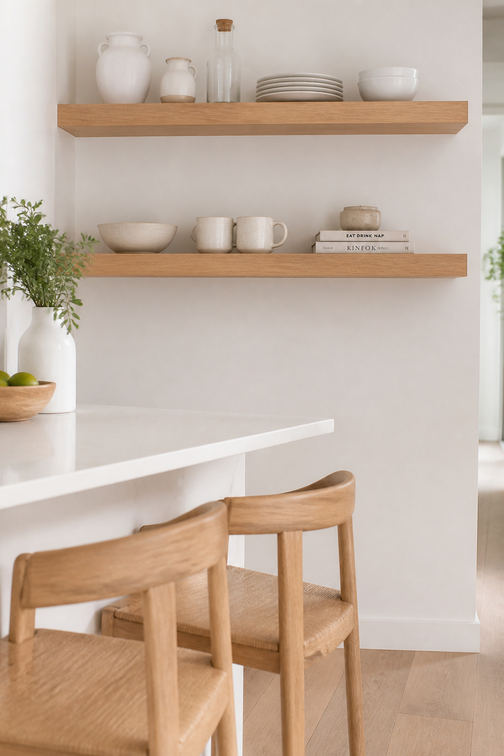 White oak floating shelves and bar stools introduce warm wood texture into a white kitchen renovation without adding colour.