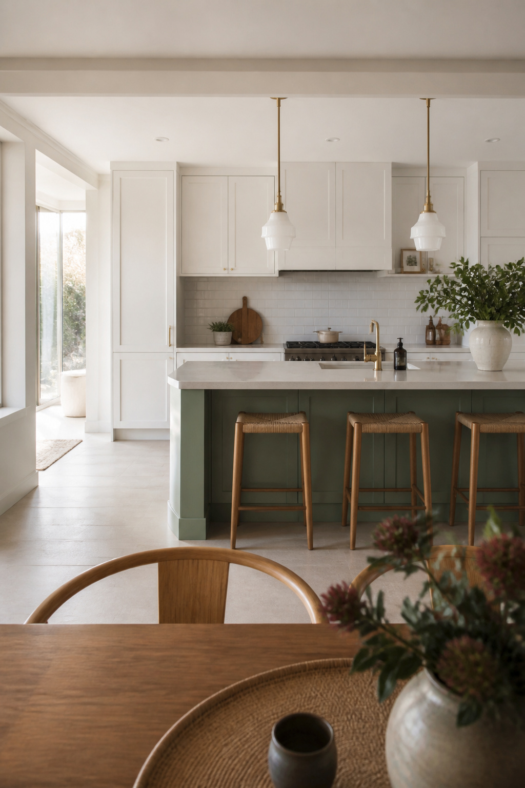 A white kitchen viewed from the adjacent dining area, showing how the floor, island, and cabinet runs read across the open-plan boundary.