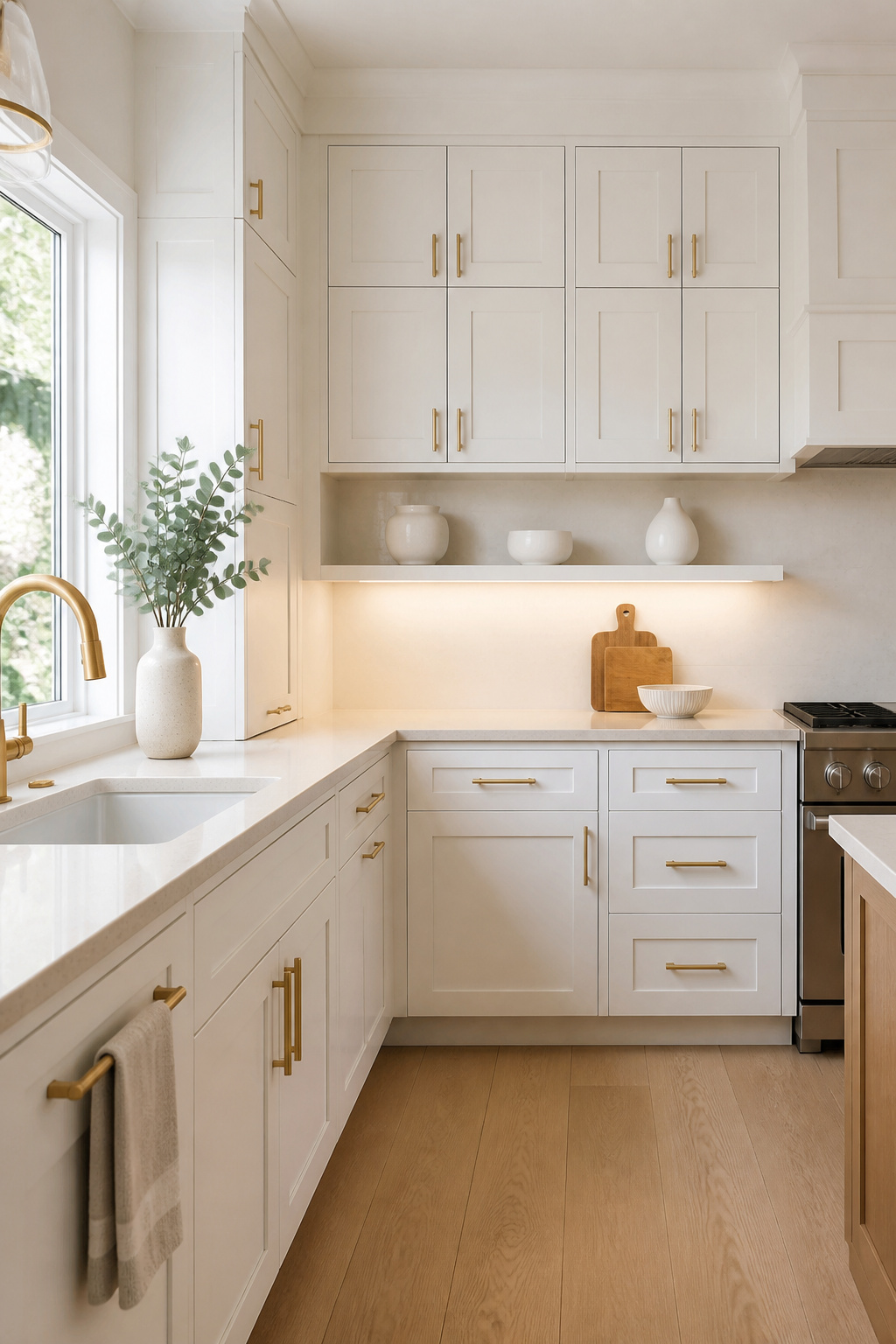 Pure white Shaker cabinetry with brushed brass bar hardware and cream quartz countertop, styled with minimal accessories for a timeless, composed look.