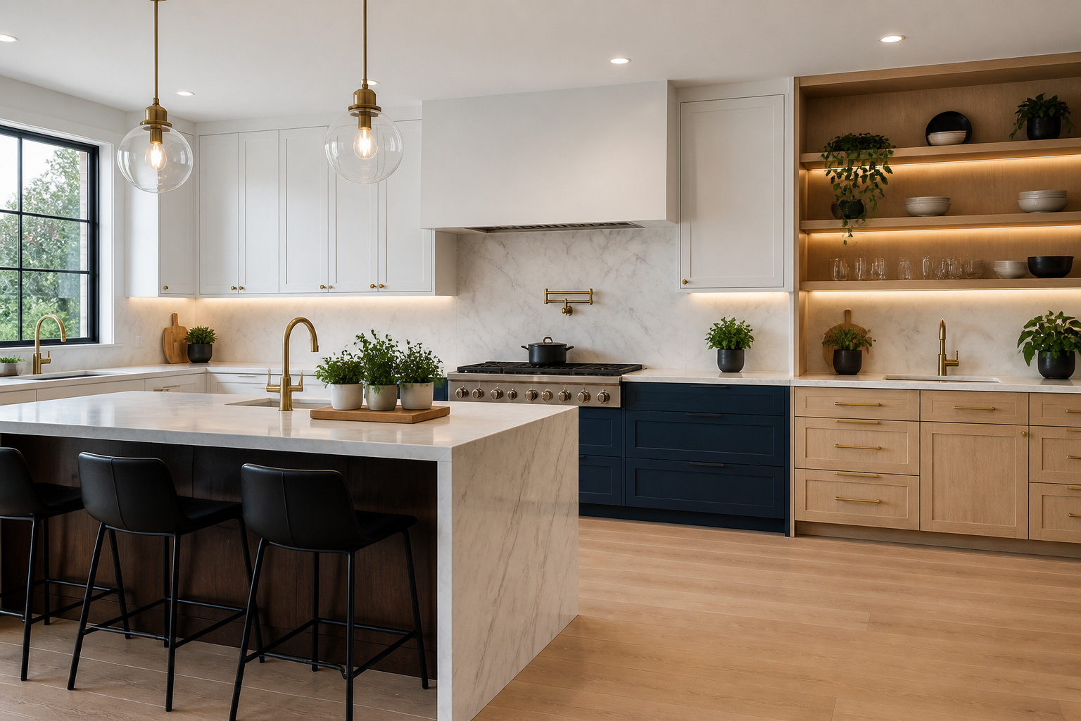 A contemporary kitchen brings together three distinct cabinet design styles in one cohesive space — shaker uppers, handleless navy lowers, and white oak open shelving showing how different styles can coexist when proportion and material are handled with precision.