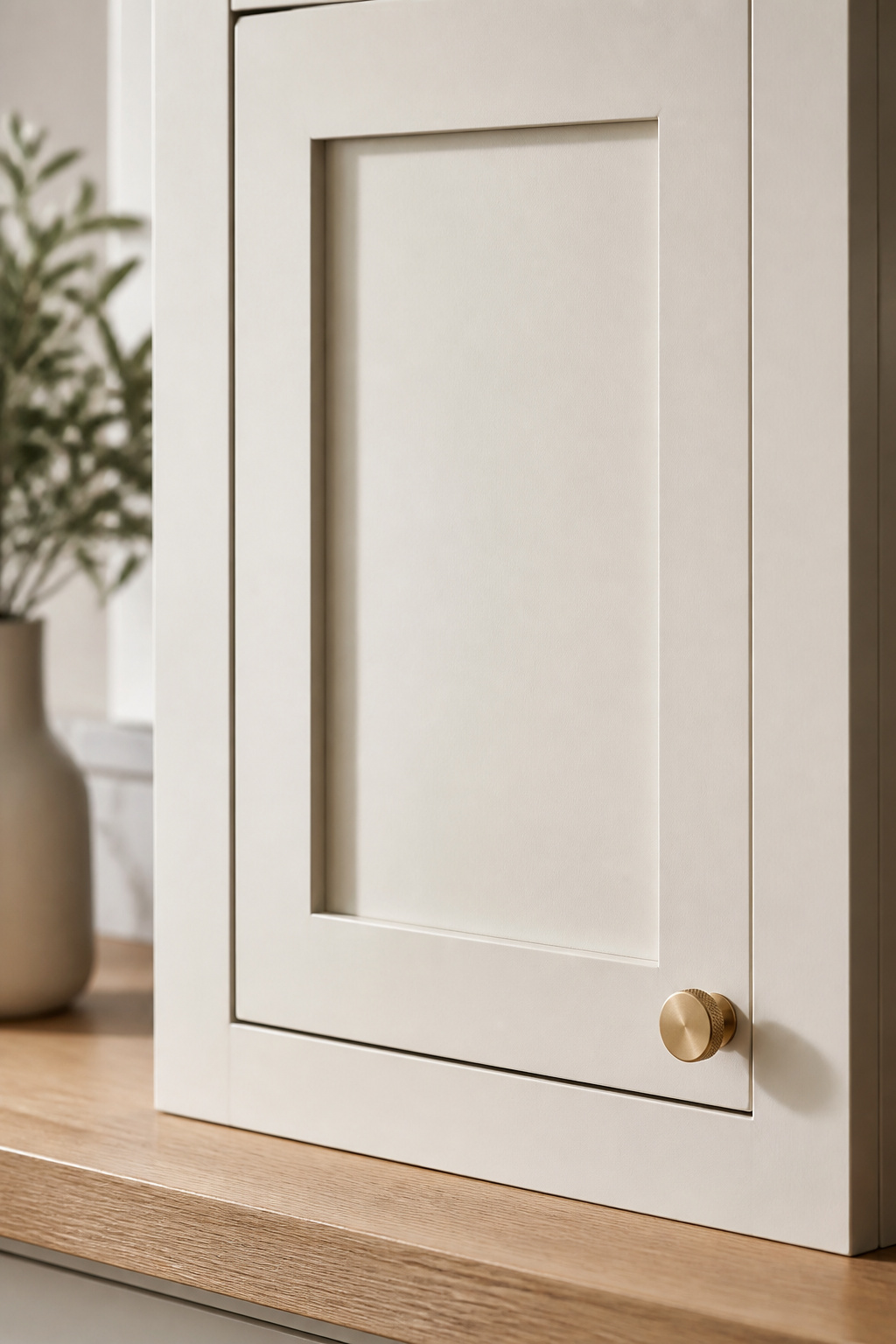 A classic shaker kitchen cabinet door with inset construction and a brass knob — the 1/8-inch reveal around the door perimeter signals furniture-grade quality that distinguishes this construction from standard overlay cabinetry. Shaker cabinets have been the benchmark of transitional kitchen design for well over a century, and they earn it. The style originated with the Shaker community's design philosophy — function over ornament — which is why the five-piece flat-panel door works equally well in a modern farmhouse, a clean contemporary space, and a classic traditional kitchen.