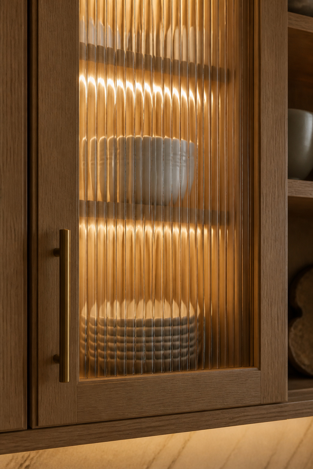 Reeded glass cabinet doors scatter interior LED lighting into soft, shifting patterns throughout the kitchen day and evening — the dominant cabinet glass choice of 2026 because it adds visual texture while maintaining organizational privacy. Glass-front cabinets are one of the most honest kitchen design choices: they reward an organized kitchen and punish a disorganized one consistently. Before specifying glass fronts for your kitchen design cabinets, spend a weekend genuinely assessing whether your dishware and pantry contents are display-worthy.