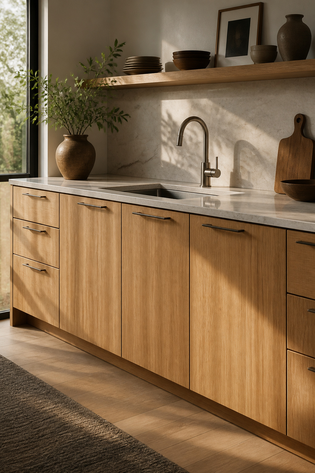Rift-sawn white oak kitchen cabinets show straight, parallel grain lines rather than the cathedral grain of flat-sawn oak — the more architectural cut that suits contemporary kitchens and costs 20 to 40 percent more due to lower log yield. White oak has become the default choice for natural-wood contemporary kitchen cabinets in 2026, and for good reasons: tight grain, neutral golden-tan tone, and equal success with oil or lacquer finishes.