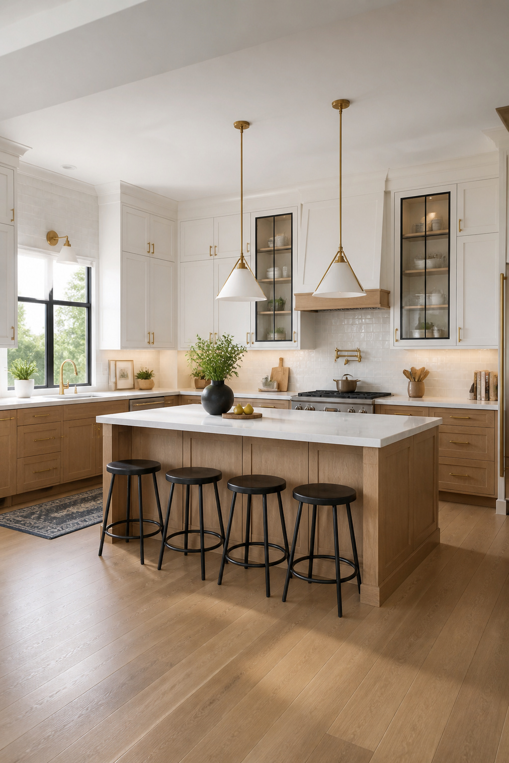The 60-30-10 proportion formula applied to a mixed-material kitchen — 60 percent white painted uppers, 30 percent natural oak lowers, 10 percent steel-frame glass accent doors — keeps each material distinct without competition. Mixed-material kitchens are the most demanding to execute well and the most distinctive when they work. The pitfall is equal amounts of competing materials producing a kitchen that looks unresolved rather than curated.