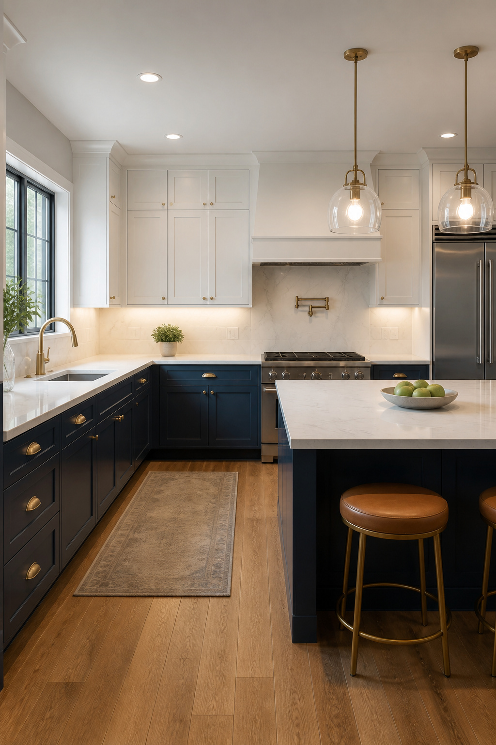 The two-tone kitchen formula — dark lower cabinets in navy blue, light white uppers — mirrors architectural logic by placing visual weight at the base and keeping the ceiling zone open and airy. The logic behind two-tone kitchen design is architectural, not decorative. Darker elements ground; lighter elements open. Placing darker color on lower cabinets and lighter on the uppers mirrors how every successful building is constructed: heavier at the base, lighter above. The result is a kitchen that feels both anchored and airy.